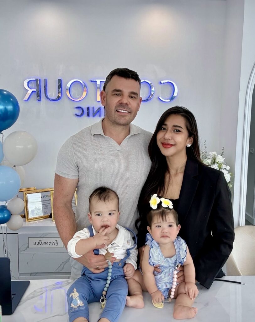 Dr. Bart Scanlon and Airada standing with Twins at Contour Clinic Bangkok